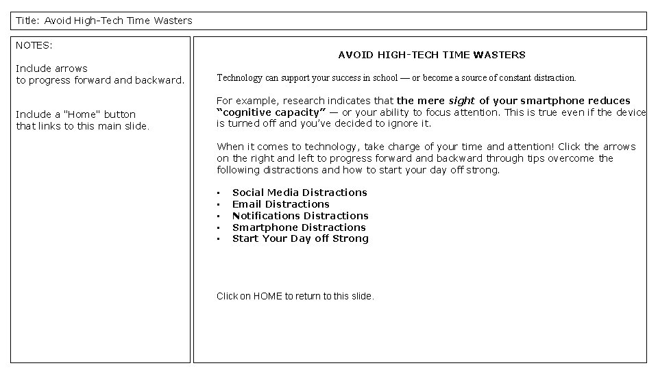 Title: Avoid High-Tech Time Wasters NOTES: AVOID HIGH-TECH TIME WASTERS Include arrows to progress