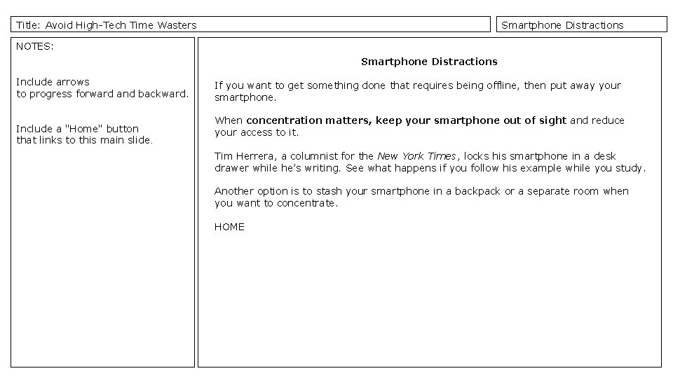 Title: Avoid High-Tech Time Wasters Smartphone Distractions NOTES: Smartphone Distractions Include arrows to progress