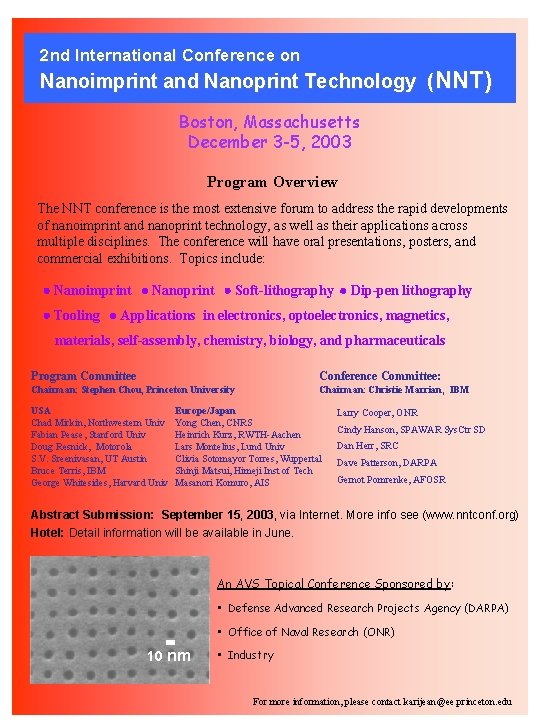 2 nd International Conference on Nanoimprint and Nanoprint Technology (NNT) Boston, Massachusetts December 3