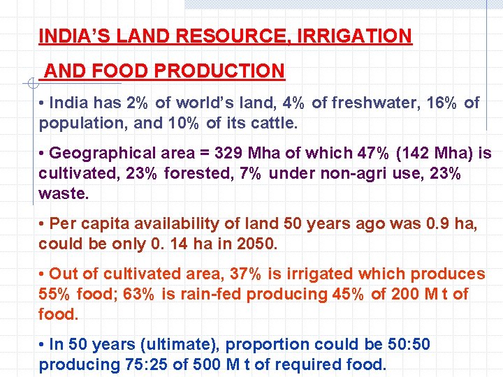 INDIA’S LAND RESOURCE, IRRIGATION AND FOOD PRODUCTION • India has 2% of world’s land,