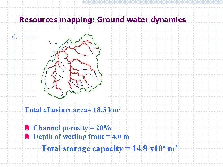 Resources mapping: Ground water dynamics Total alluvium area= 18. 5 km 2 Channel porosity