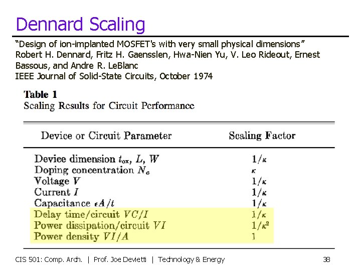 Dennard Scaling “Design of ion-implanted MOSFET's with very small physical dimensions” Robert H. Dennard,