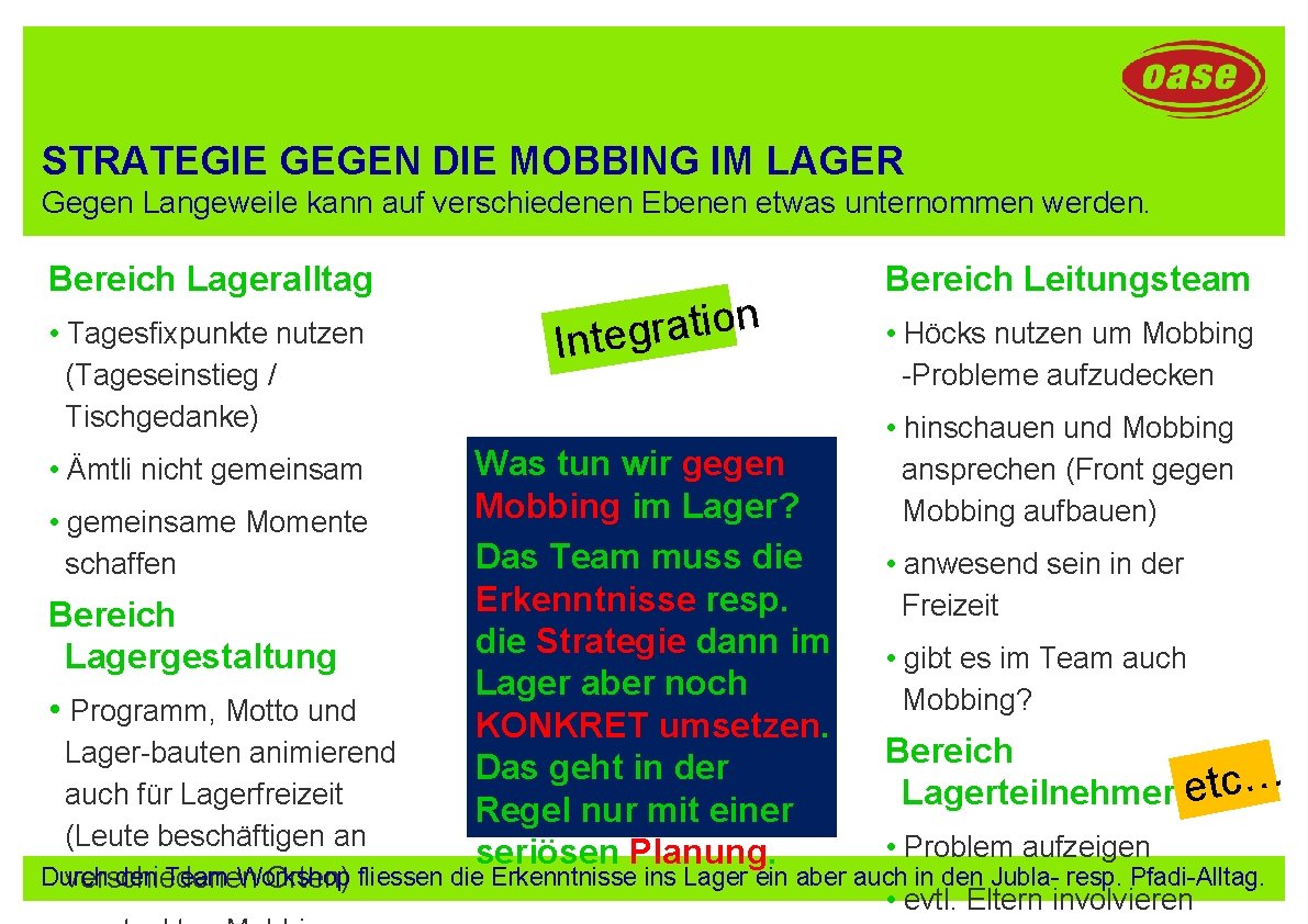 STRATEGIE GEGEN DIE MOBBING IM LAGER Gegen Langeweile kann auf verschiedenen Ebenen etwas unternommen