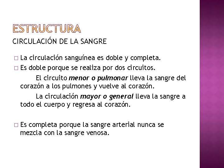 CIRCULACIÓN DE LA SANGRE La circulación sanguínea es doble y completa. � Es doble