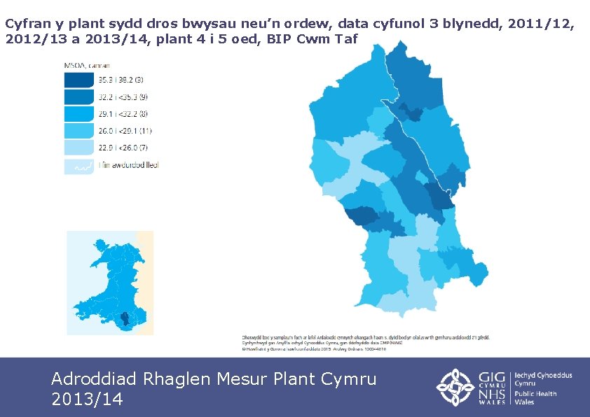 Cyfran y plant sydd dros bwysau neu’n ordew, data cyfunol 3 blynedd, 2011/12, 2012/13