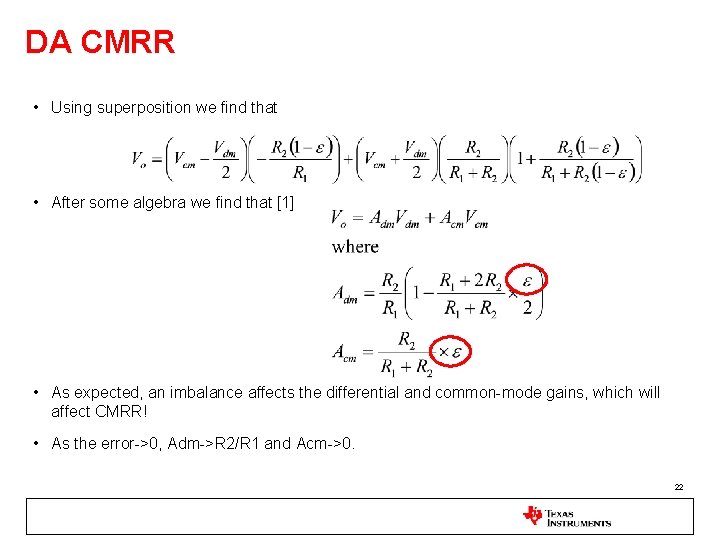 DA CMRR • Using superposition we find that • After some algebra we find