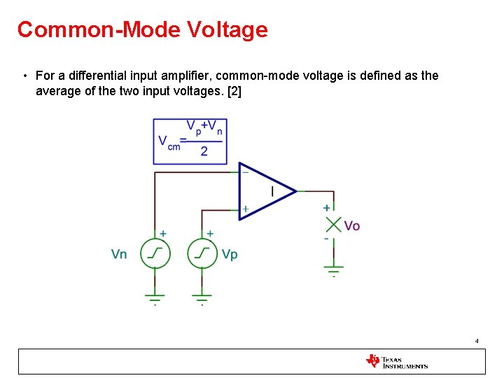 Common-Mode Voltage • For a differential input amplifier, common-mode voltage is defined as the