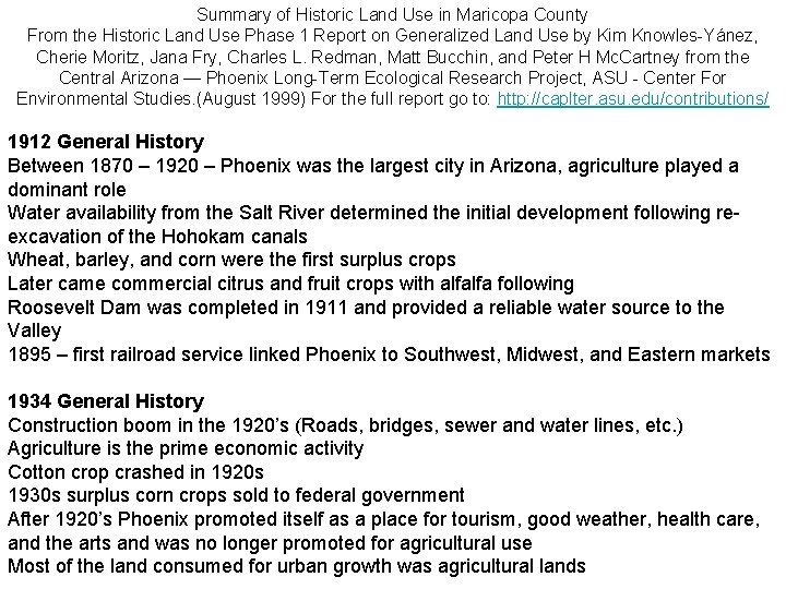 Summary of Historic Land Use in Maricopa County From the Historic Land Use Phase