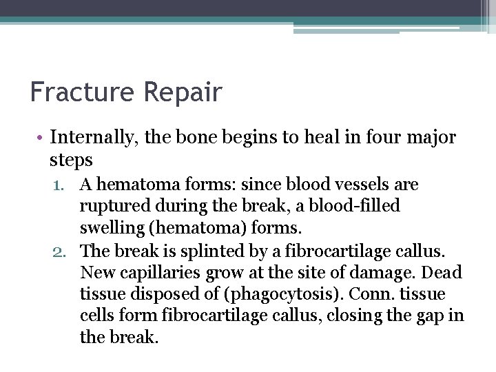 Fracture Repair • Internally, the bone begins to heal in four major steps 1.