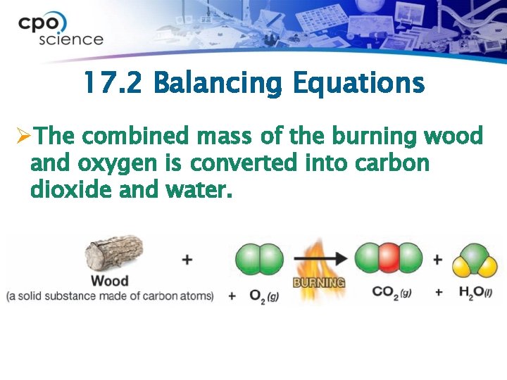 17. 2 Balancing Equations ØThe combined mass of the burning wood and oxygen is