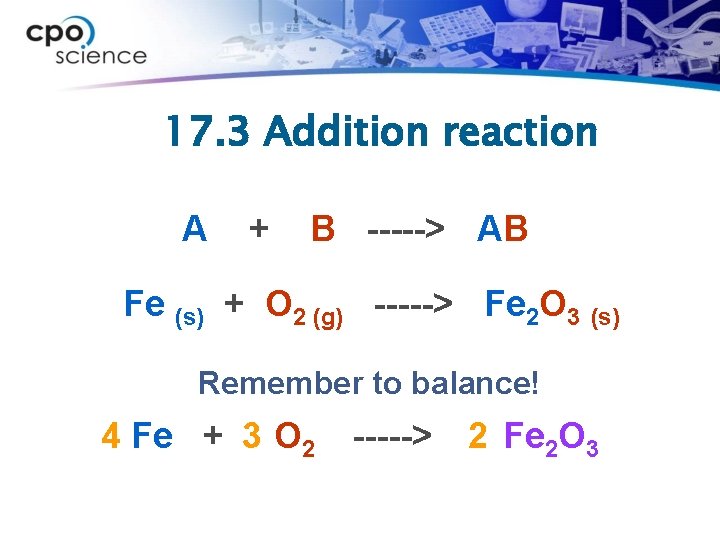 17. 3 Addition reaction A + B -----> AB Fe (s) + O 2