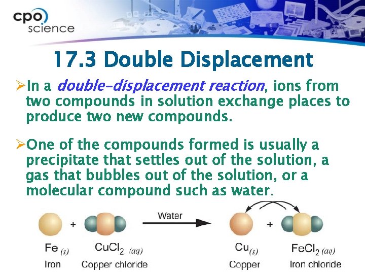 17. 3 Double Displacement ØIn a double-displacement reaction, ions from two compounds in solution