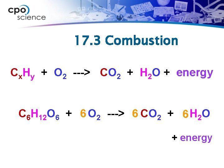 17. 3 Combustion Cx. Hy + O 2 ---> CO 2 + H 2