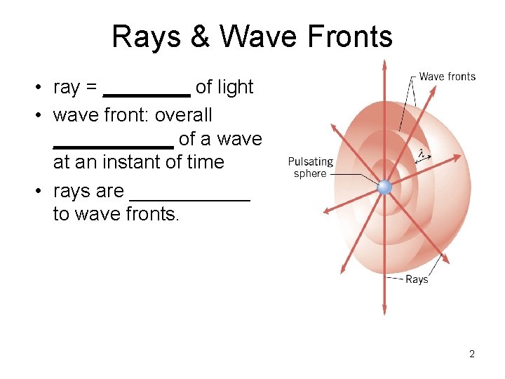 Rays & Wave Fronts • ray = ____ of light • wave front: overall
