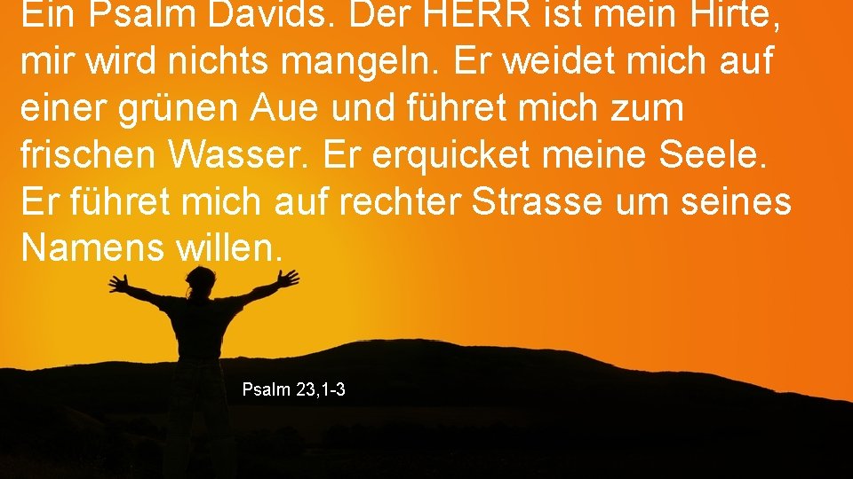 Ein Psalm Davids. Der HERR ist mein Hirte, mir wird nichts mangeln. Er weidet