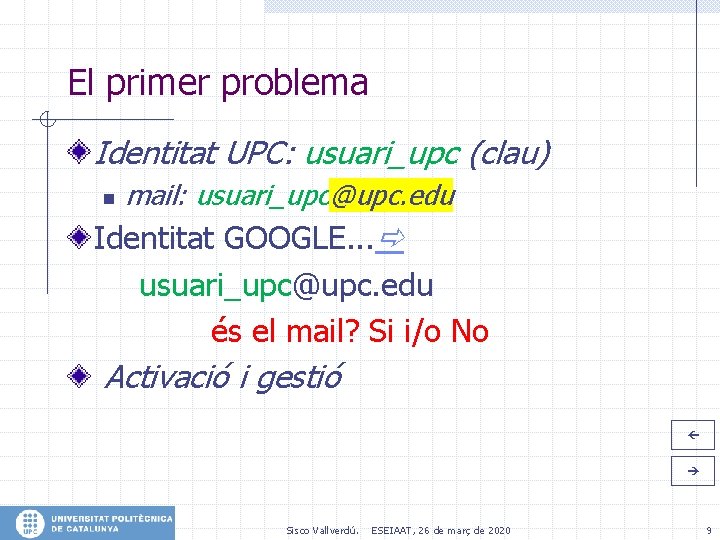 El primer problema Identitat UPC: usuari_upc (clau) n mail: usuari_upc@upc. edu Identitat GOOGLE. .