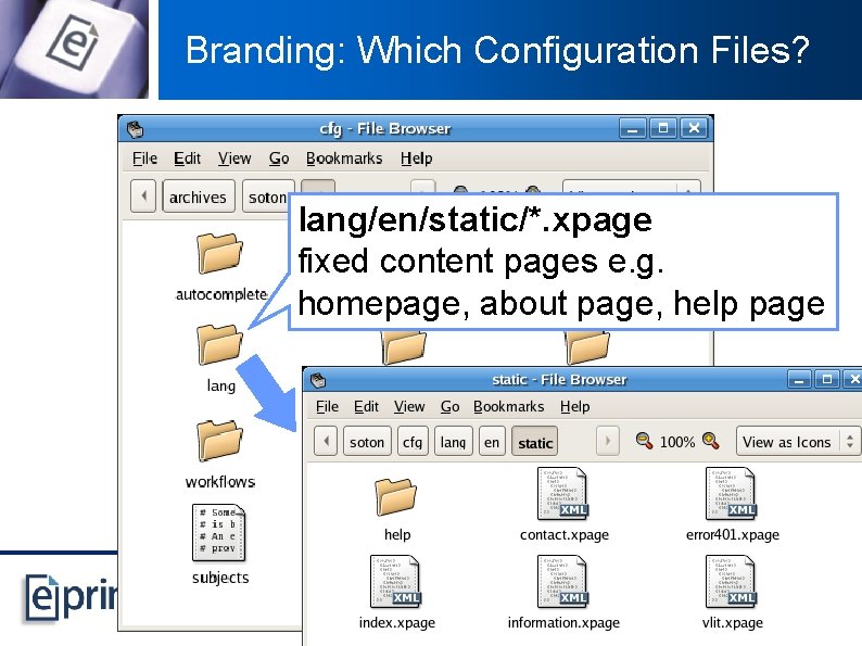 Branding: Which Configuration Files? lang/en/static/*. xpage fixed content pages e. g. homepage, about page,