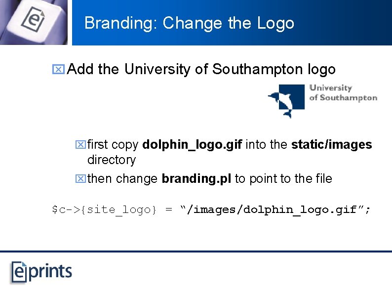 Branding: Change the Logo x Add the University of Southampton logo xfirst copy dolphin_logo.