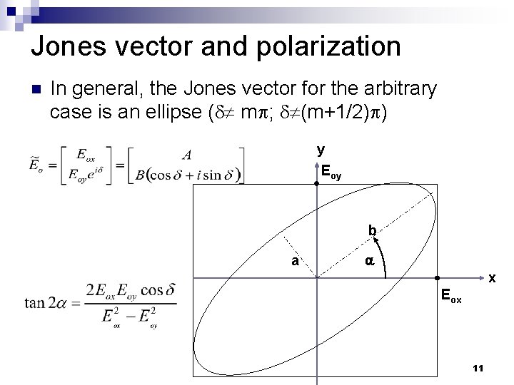 Jones vector and polarization n In general, the Jones vector for the arbitrary case