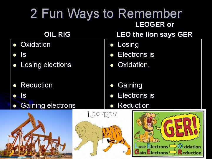 2 Fun Ways to Remember l l l OIL RIG Oxidation Is Losing elections