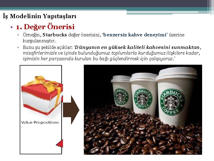 İş Modelinin Yapıtaşları • 1. Değer Önerisi ▫ Örneğin, Starbucks değer önerisini, ‘benzersiz kahve