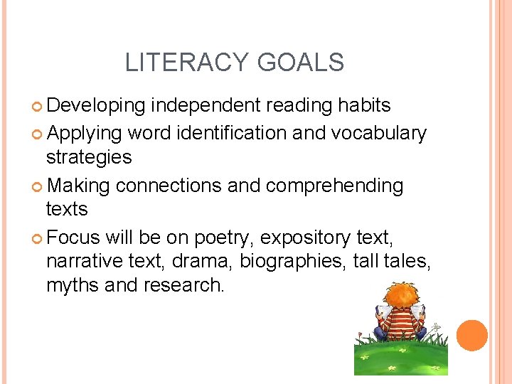 LITERACY GOALS Developing independent reading habits Applying word identification and vocabulary strategies Making connections