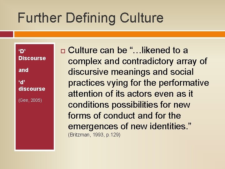 Further Defining Culture ‘D’ Discourse and ‘d’ discourse (Gee, 2005) Culture can be “…likened