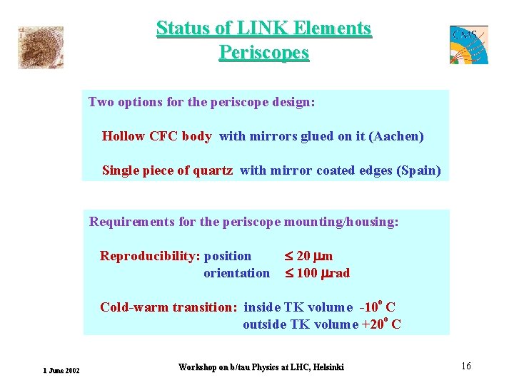 Status of LINK Elements Periscopes Two options for the periscope design: Hollow CFC body