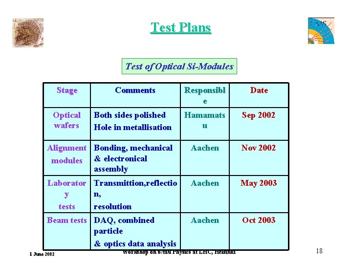 Test Plans Test of Optical Si-Modules Stage Responsibl e Date Hamamats u Sep 2002