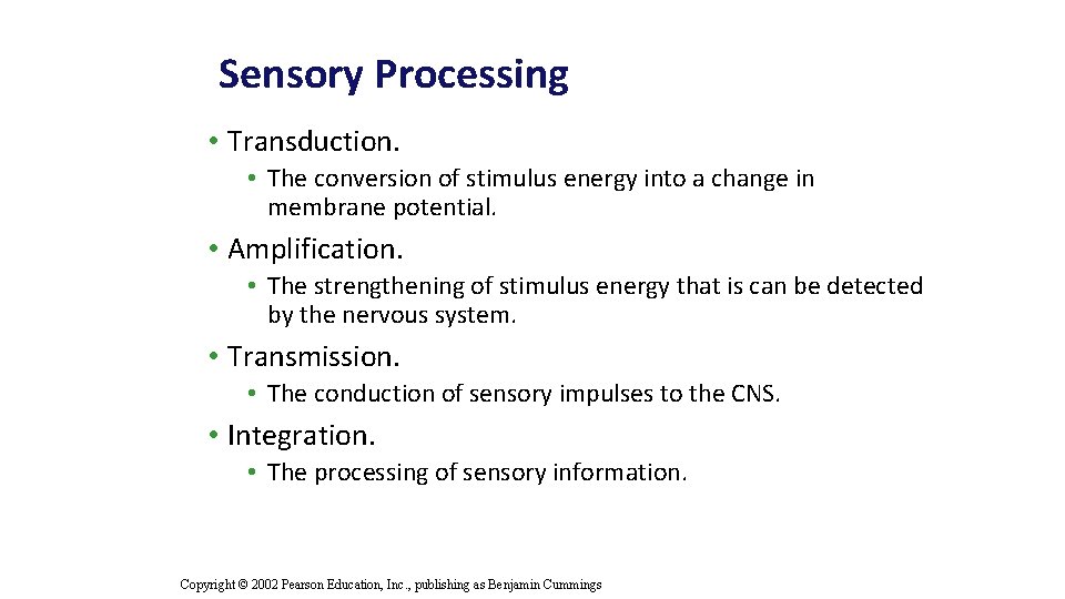 Sensory Processing • Transduction. • The conversion of stimulus energy into a change in