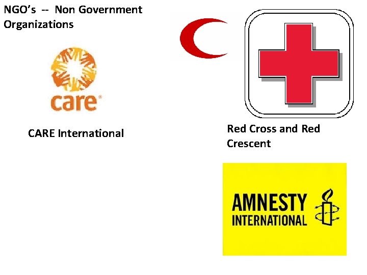 NGO’s -- Non Government Organizations CARE International Red Cross and Red Crescent NGO’s -- Non Government Organizations CARE International Red Cross and Red Crescent