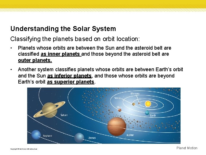 Understanding the Solar System Classifying the planets based on orbit location: • Planets whose
