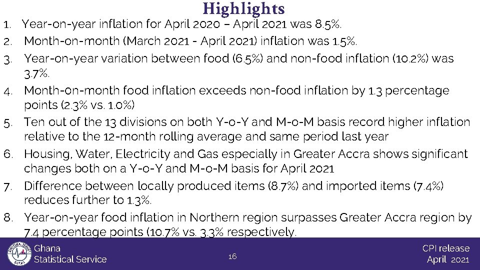 Highlights 1. Year-on-year inflation for April 2020 – April 2021 was 8. 5%. 2.