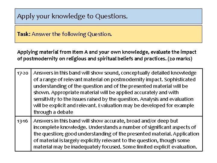 Apply your knowledge to Questions. Task: Answer the following Question. Applying material from Item