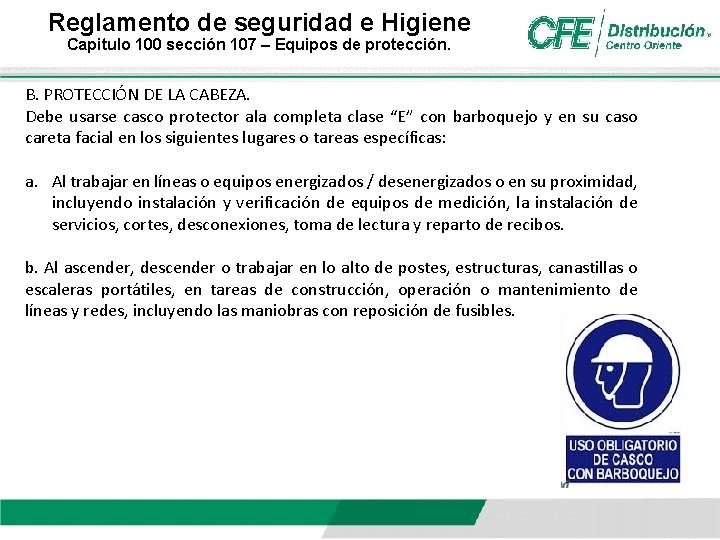 Reglamento de seguridad e Higiene Capitulo 100 sección 107 – Equipos de protección. B. Reglamento de seguridad e Higiene Capitulo 100 sección 107 – Equipos de protección. B.