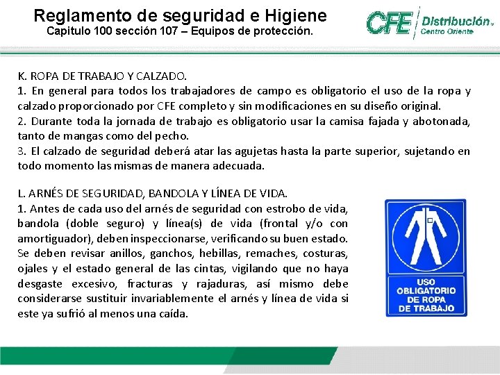 Reglamento de seguridad e Higiene Capitulo 100 sección 107 – Equipos de protección. K. Reglamento de seguridad e Higiene Capitulo 100 sección 107 – Equipos de protección. K.