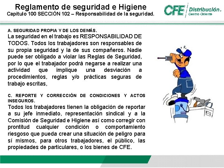 Reglamento de seguridad e Higiene Capitulo 100 SECCIÓN 102 – Responsabilidad de la seguridad. Reglamento de seguridad e Higiene Capitulo 100 SECCIÓN 102 – Responsabilidad de la seguridad.