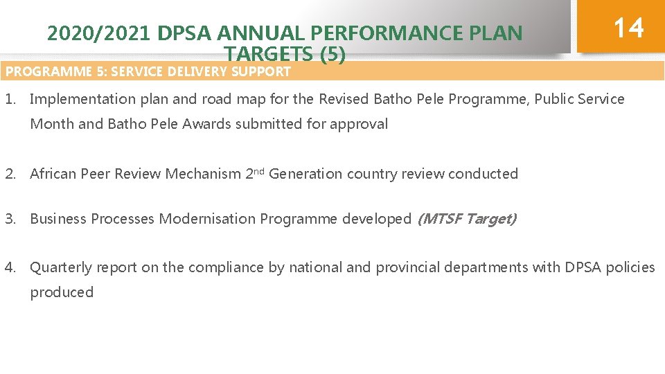 2020/2021 DPSA ANNUAL PERFORMANCE PLAN TARGETS (5) 14 PROGRAMME 5: SERVICE DELIVERY SUPPORT 1.