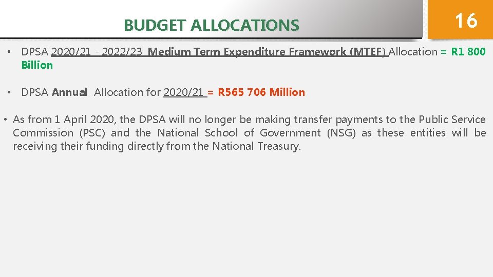 BUDGET ALLOCATIONS 16 • DPSA 2020/21 - 2022/23 Medium Term Expenditure Framework (MTEF) Allocation
