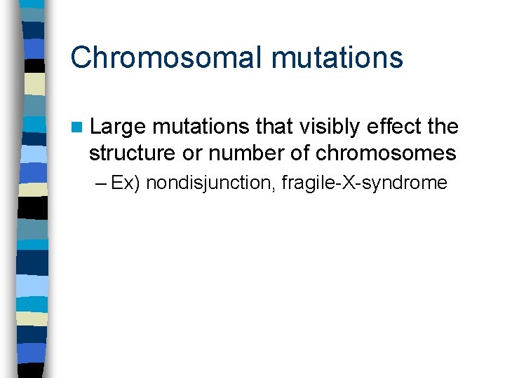 Chromosomal mutations n Large mutations that visibly effect the structure or number of chromosomes