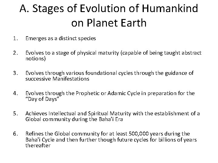 A. Stages of Evolution of Humankind on Planet Earth 1. Emerges as a distinct