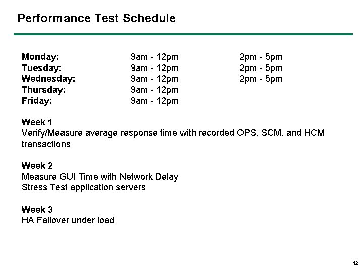 Performance Test Schedule Monday: Tuesday: Wednesday: Thursday: Friday: 9 am - 12 pm 9