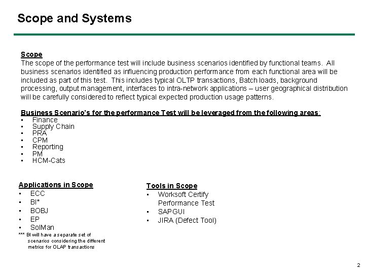 Scope and Systems Scope The scope of the performance test will include business scenarios