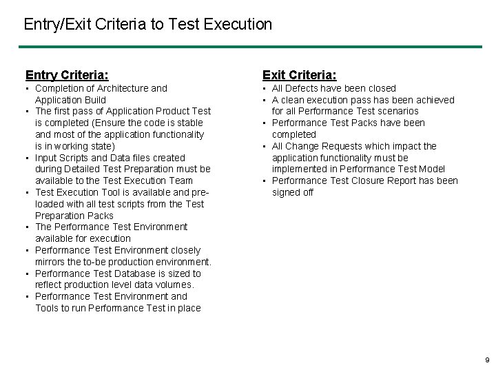 Entry/Exit Criteria to Test Execution Entry Criteria: Exit Criteria: • Completion of Architecture and