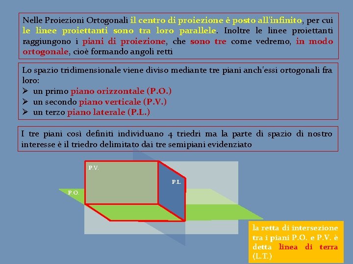 Nelle Proiezioni Ortogonali il centro di proiezione è posto all'infinito, per cui le linee