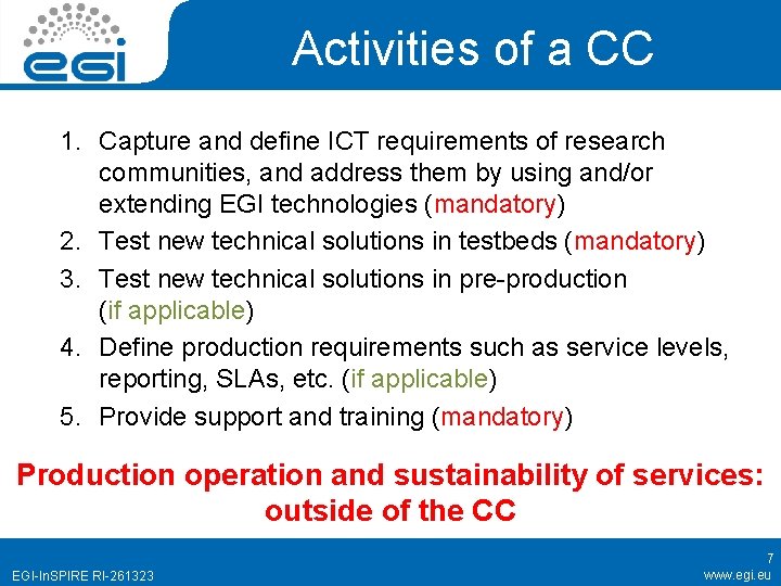 Activities of a CC 1. Capture and define ICT requirements of research communities, and