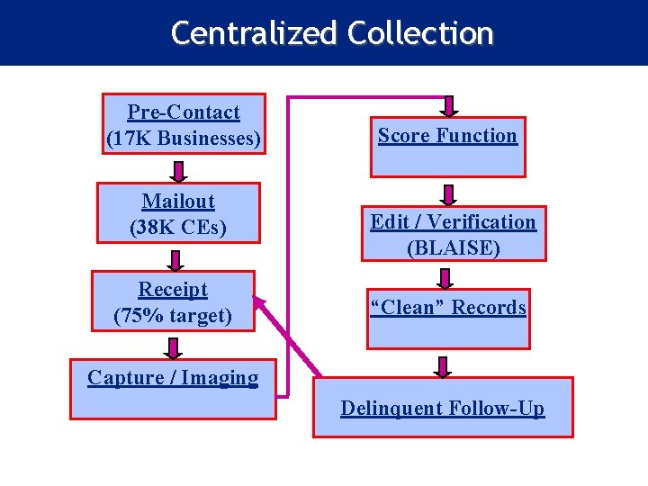 Centralized Collection Pre-Contact (17 K Businesses) Mailout (38 K CEs) Receipt (75% target) Score