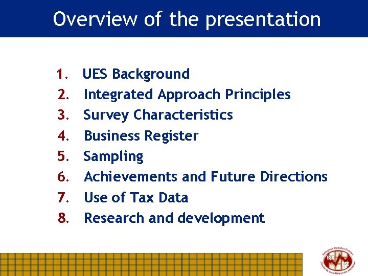 Overview of the presentation 1. 2. 3. 4. 5. 6. 7. 8. UES Background