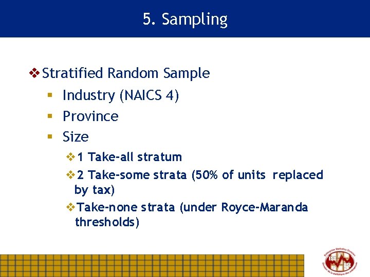 5. Sampling v Stratified Random Sample § Industry (NAICS 4) § Province § Size