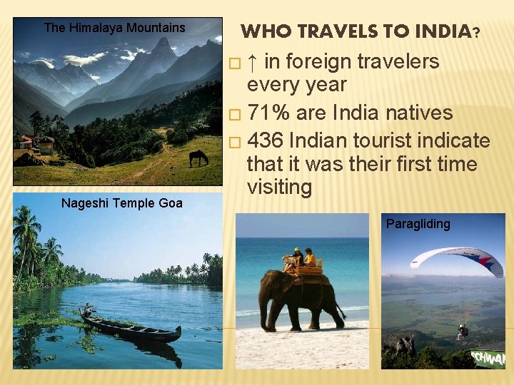 The Himalaya Mountains WHO TRAVELS TO INDIA? �↑ Nageshi Temple Goa in foreign travelers